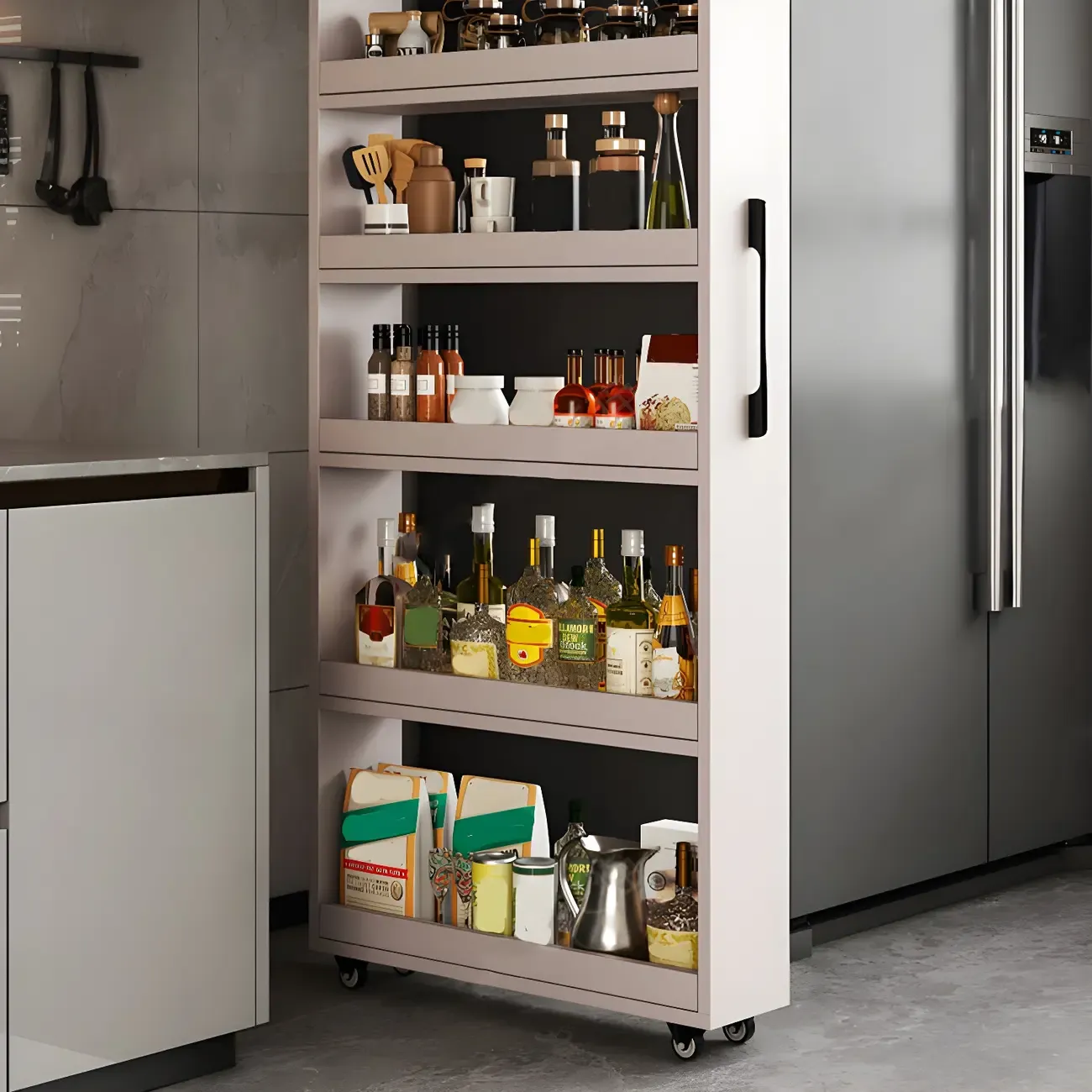 Modern Wooden Buffet Table with Open Shelves and Caster Image - 7