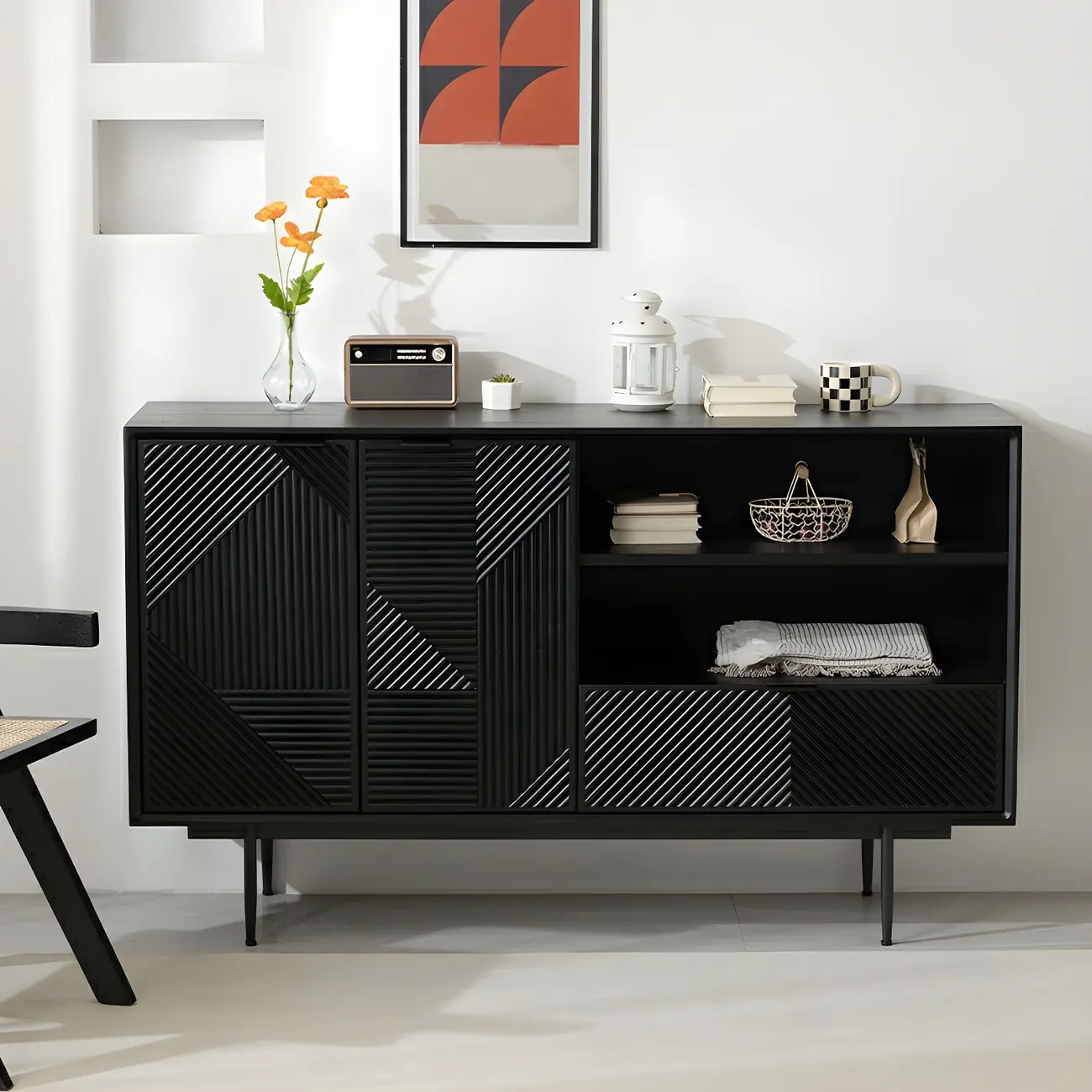 Geometric Black Wooden Sideboard with Drawer & Cabinet Image - 1 | homeyfad