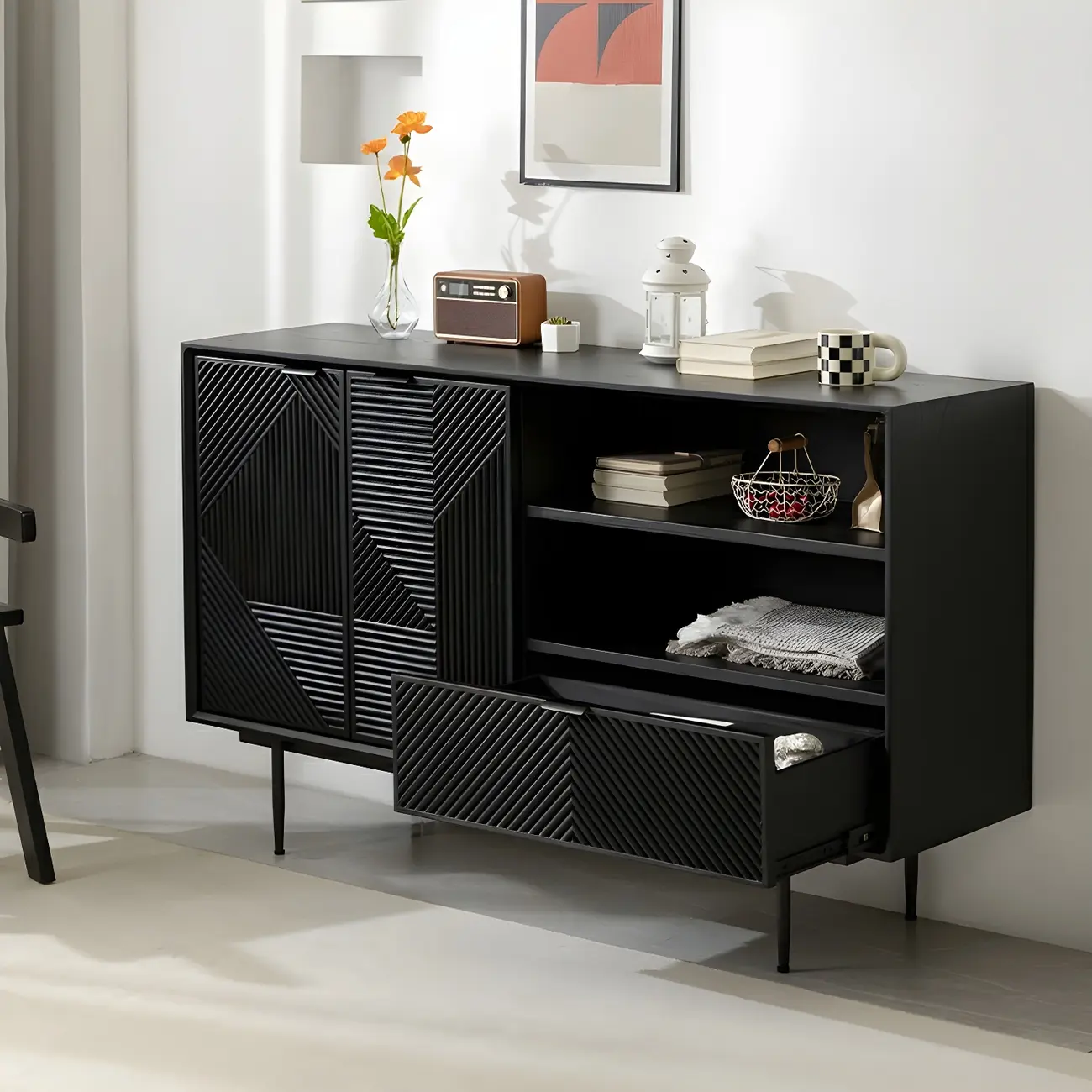 Geometric Black Wooden Sideboard with Drawer & Cabinet Image - 2 | homeyfad