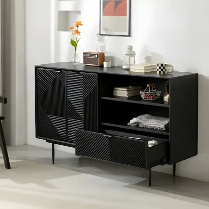 Geometric Black Wooden Sideboard with Drawer & Cabinet Image - 2