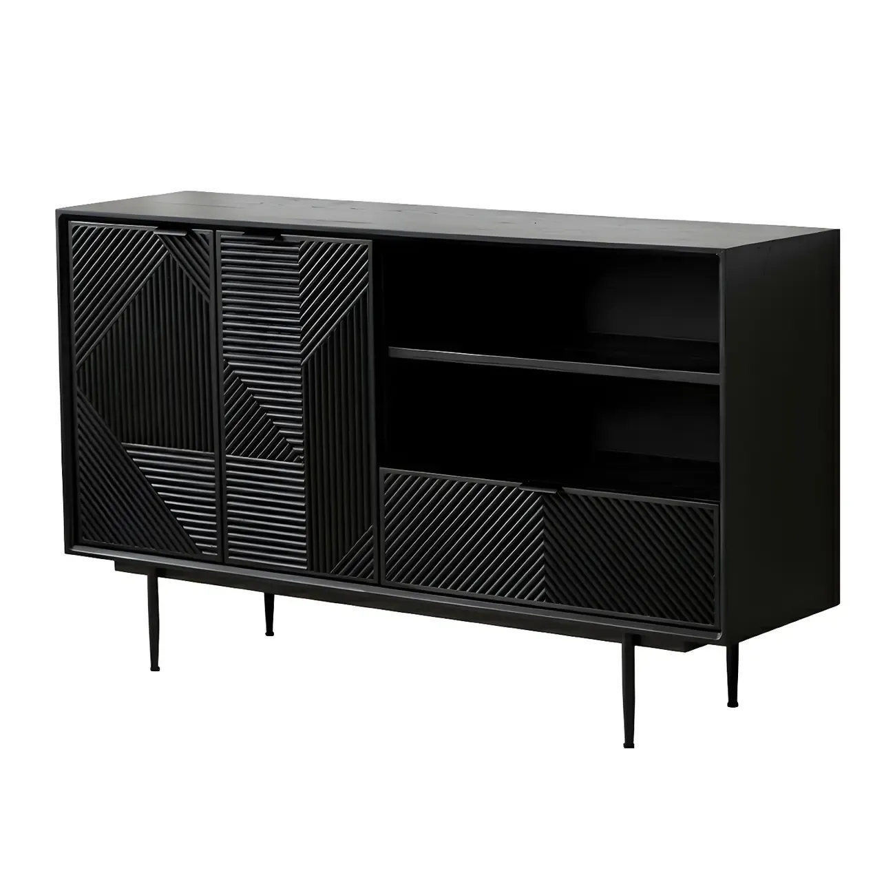 Geometric Black Wooden Sideboard with Drawer & Cabinet Image - 3