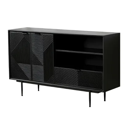 Geometric Black Wooden Sideboard with Drawer & Cabinet Image - 3