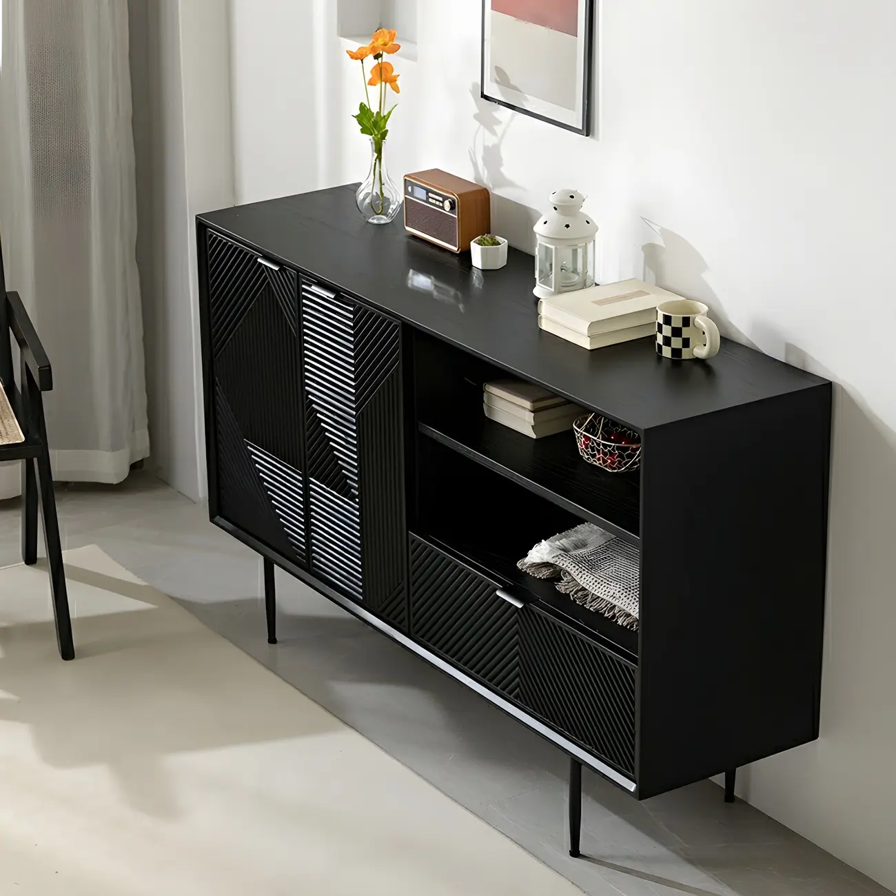 Geometric Black Wooden Sideboard with Drawer & Cabinet Image - 4 | homeyfad