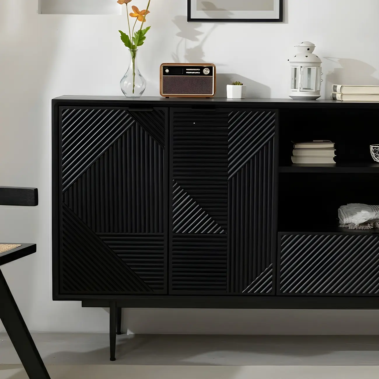 Geometric Black Wooden Sideboard with Drawer & Cabinet Image - 5 | homeyfad