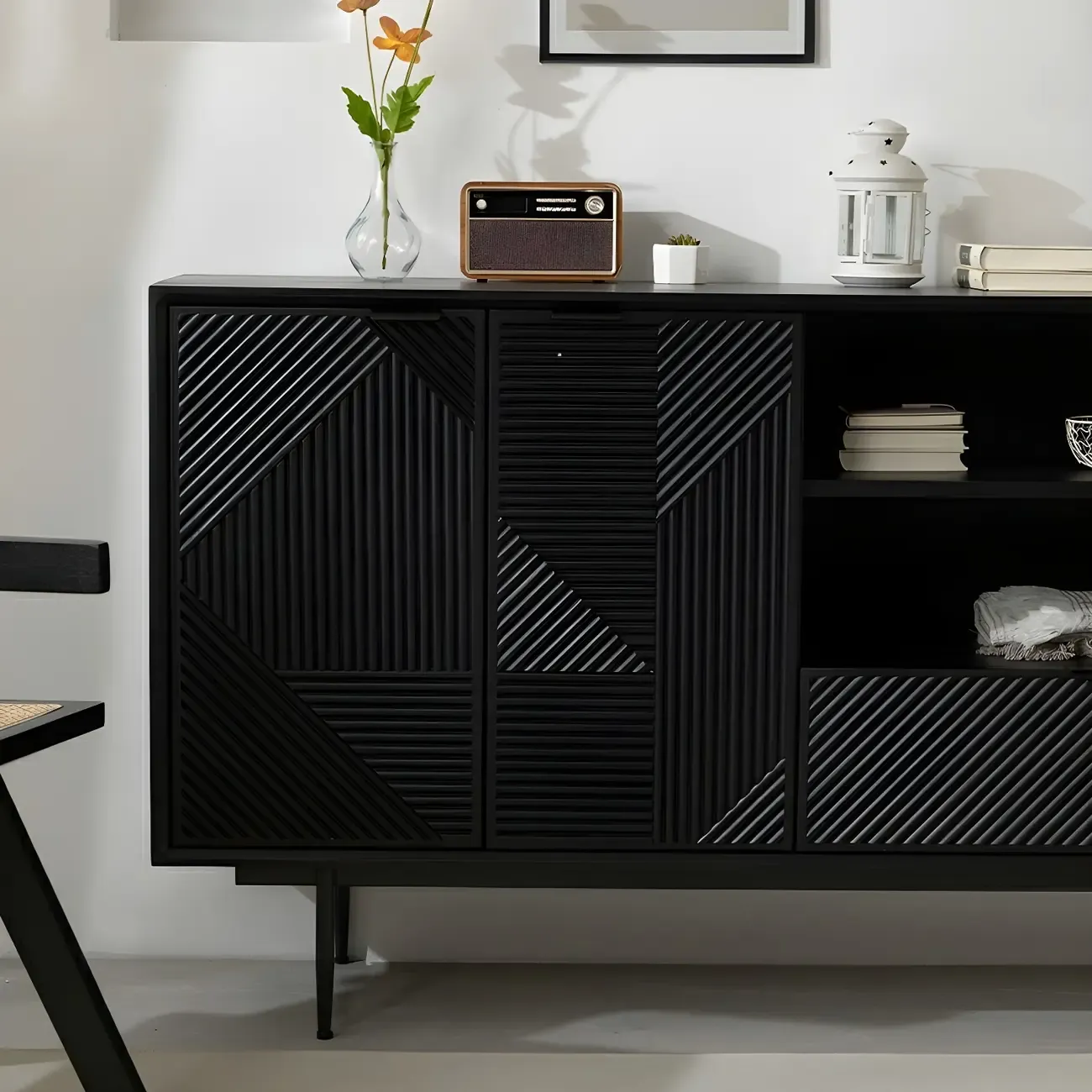 Geometric Black Wooden Sideboard with Drawer & Cabinet Image - 5