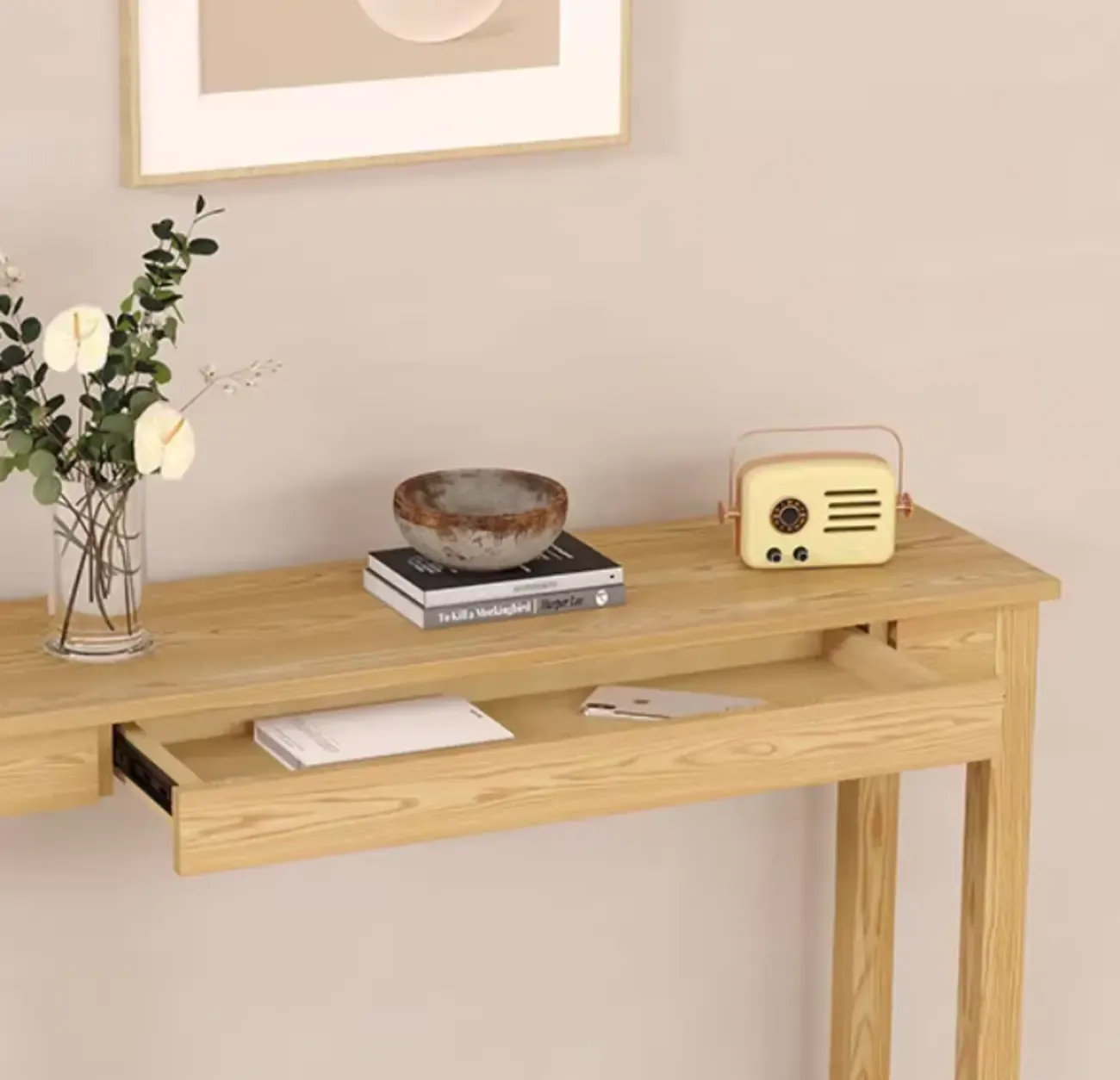 Modern Ash Wood Console Table with Drawer Image - 8
