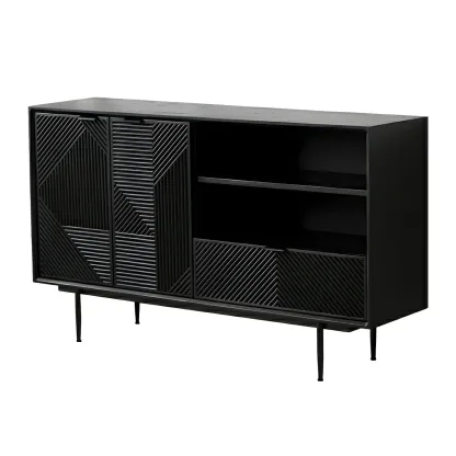 Geometric Black Wooden Sideboard with Drawer & Cabinet Image - 6