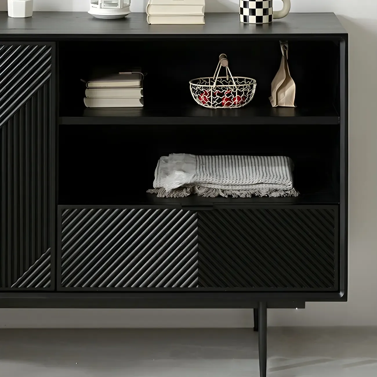 Geometric Black Wooden Sideboard with Drawer & Cabinet Image - 7