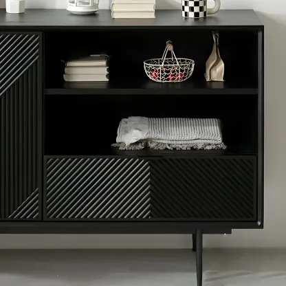 Geometric Black Wooden Sideboard with Drawer & Cabinet Image - 7