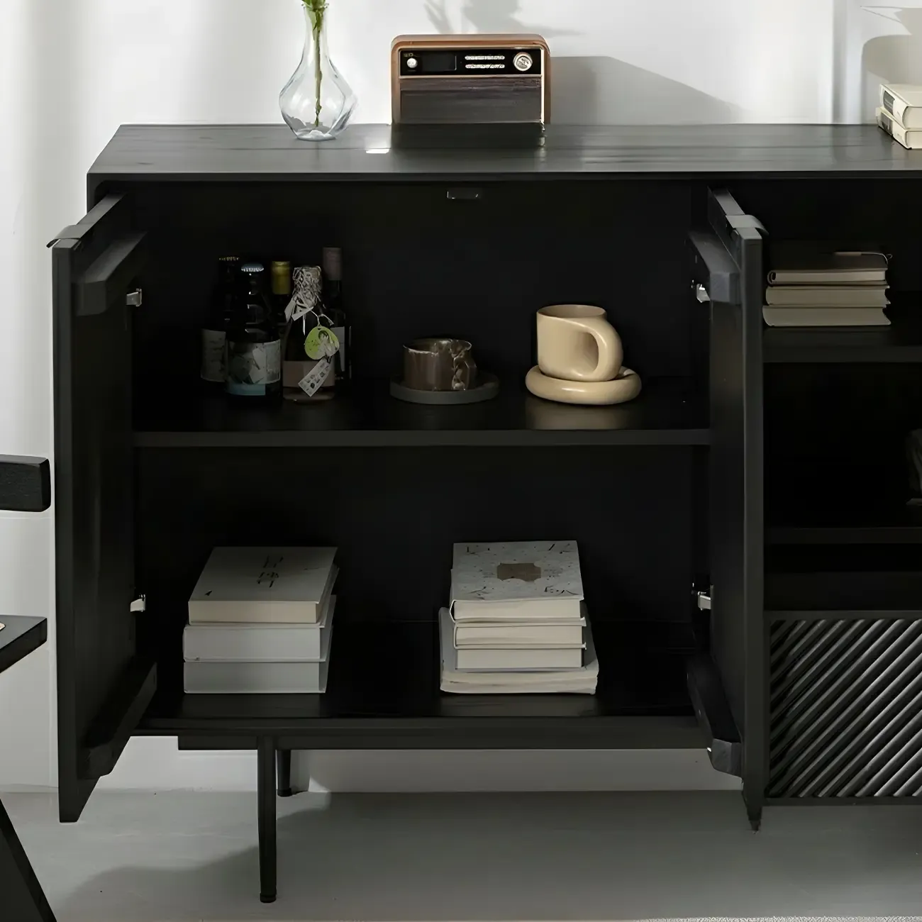 Geometric Black Wooden Sideboard with Drawer & Cabinet Image - 8