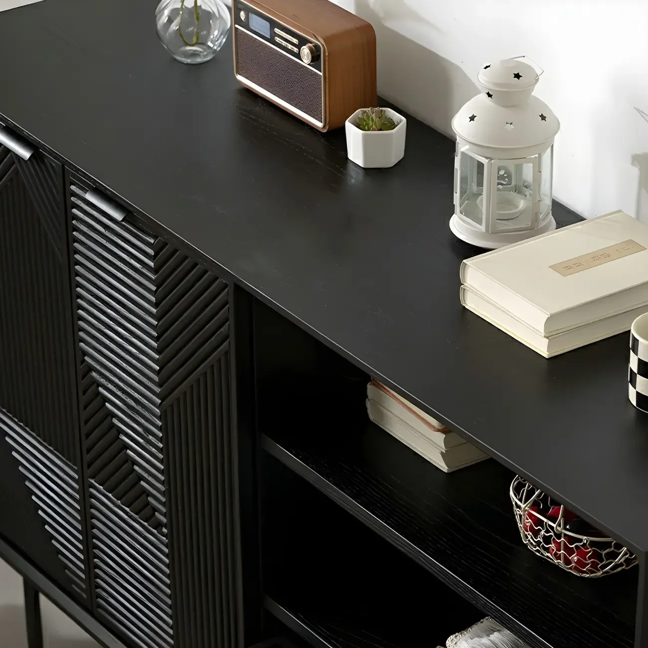 Geometric Black Wooden Sideboard with Drawer & Cabinet Image - 9