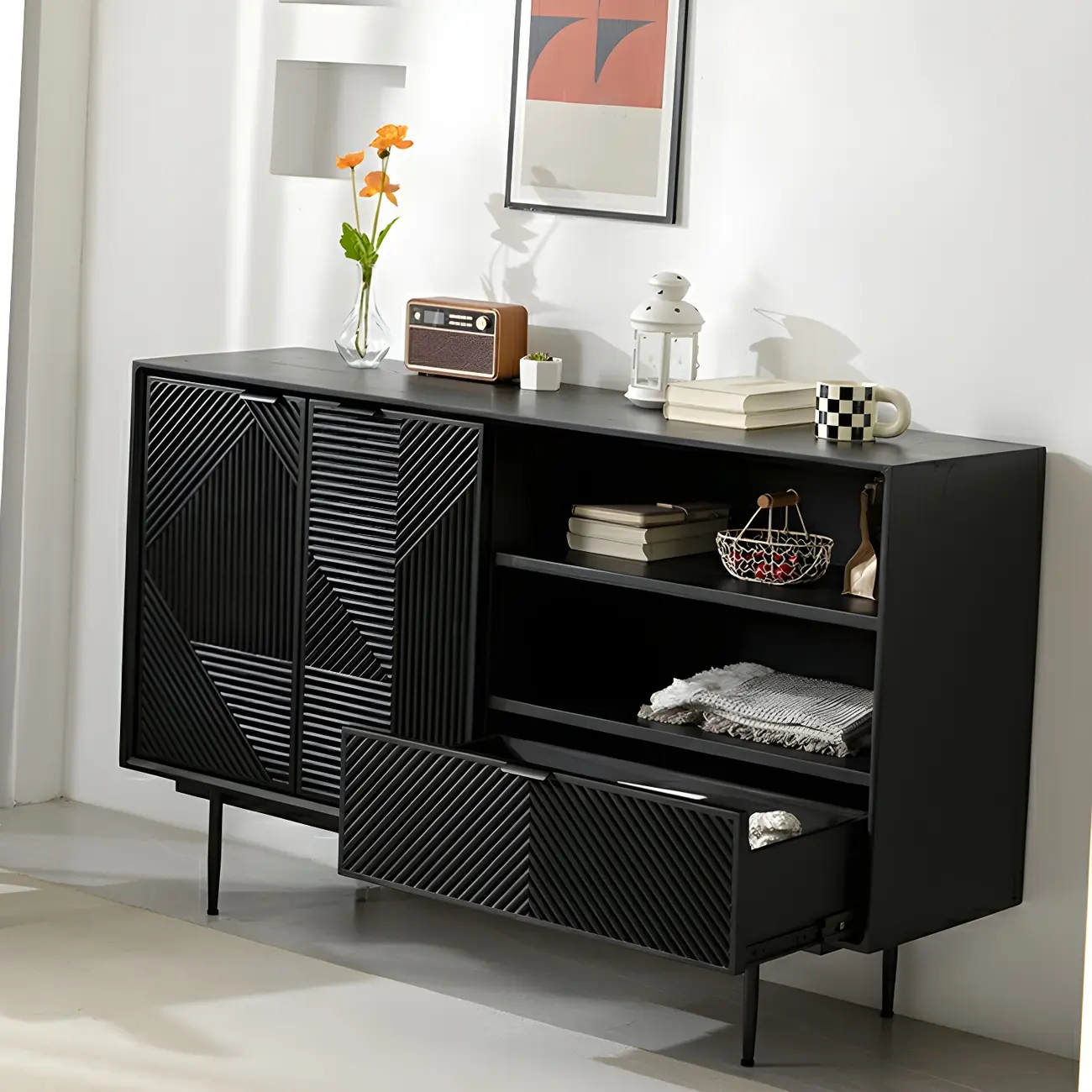 Geometric Black Wooden Sideboard with Drawer & Cabinet Image - 10 | homeyfad