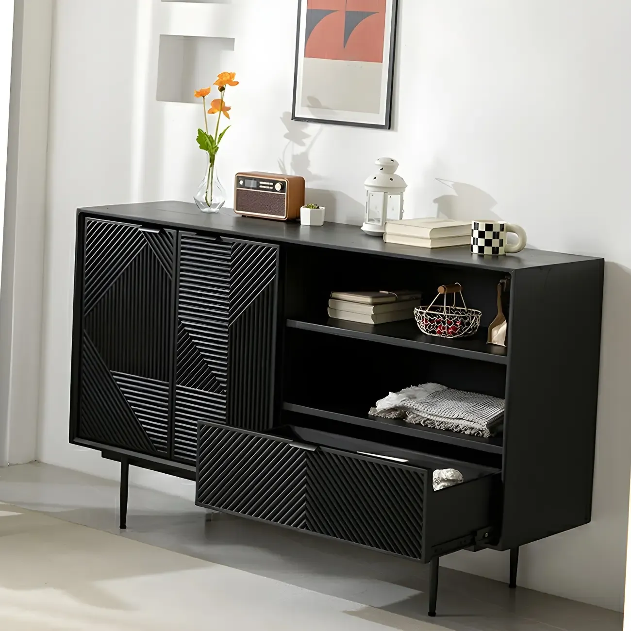 Geometric Black Wooden Sideboard with Drawer & Cabinet Image - 10