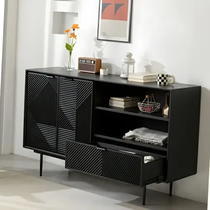 Geometric Black Wooden Sideboard with Drawer & Cabinet Image - 10