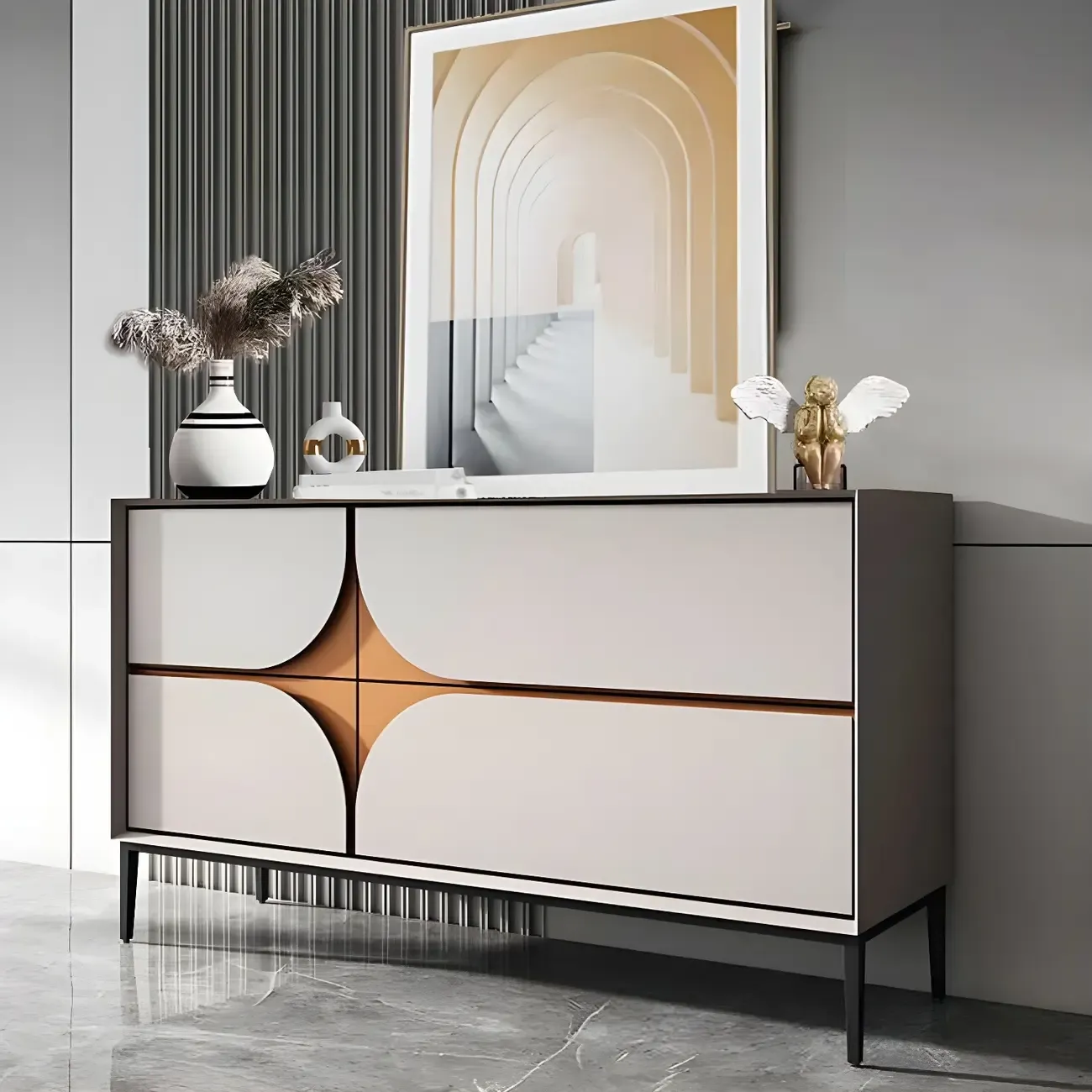 Glam Geometric Wooden Buffet Table with Storage Image - 2