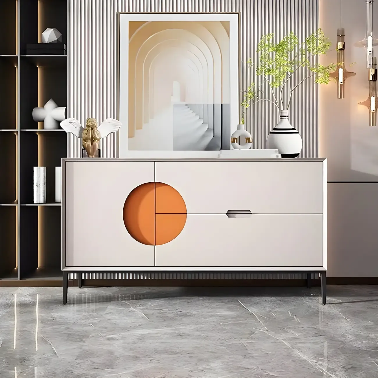 Glam Geometric Wooden Buffet Table with Storage Image - 3