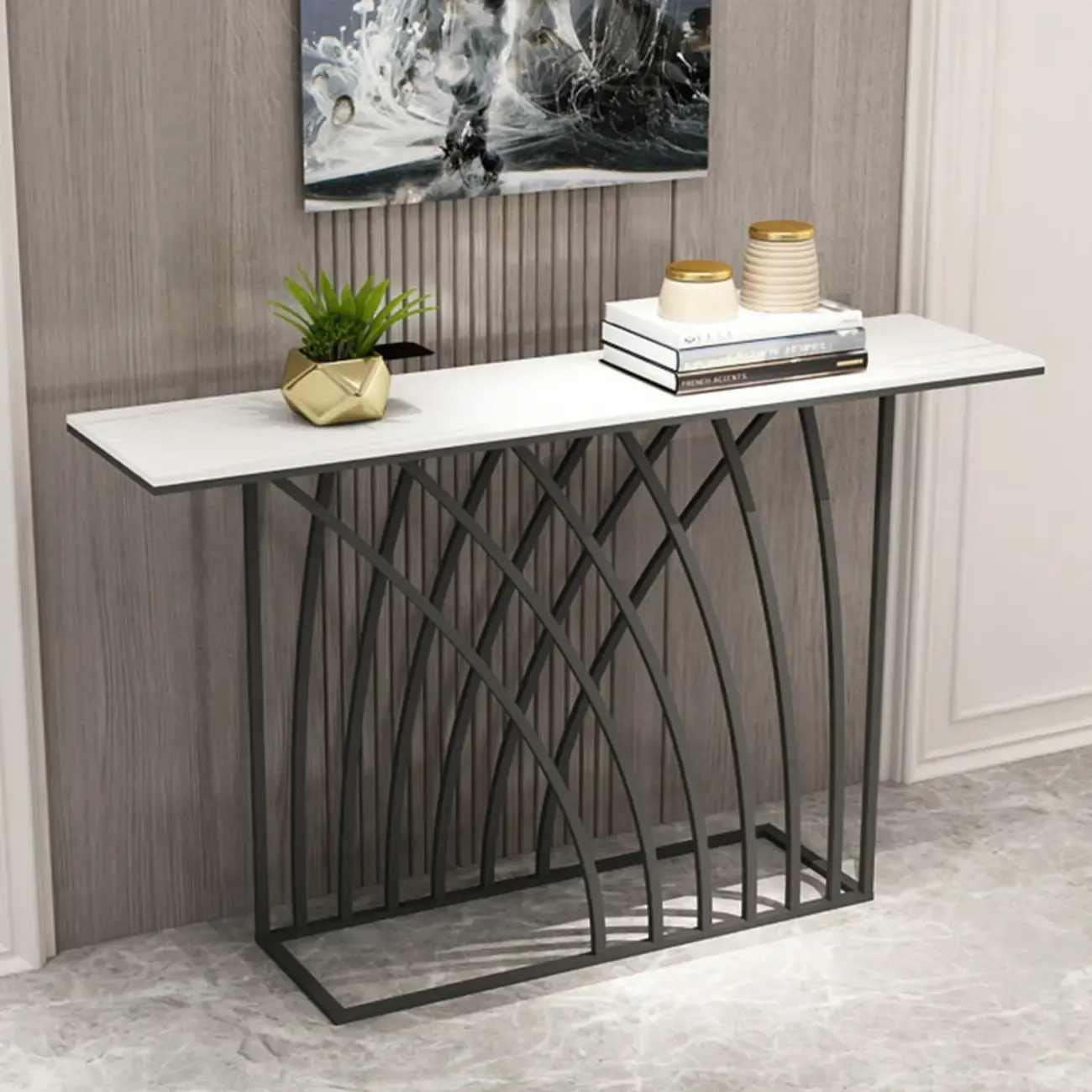 Glam Rectangular Console Table with Metal Net Base Image - 1