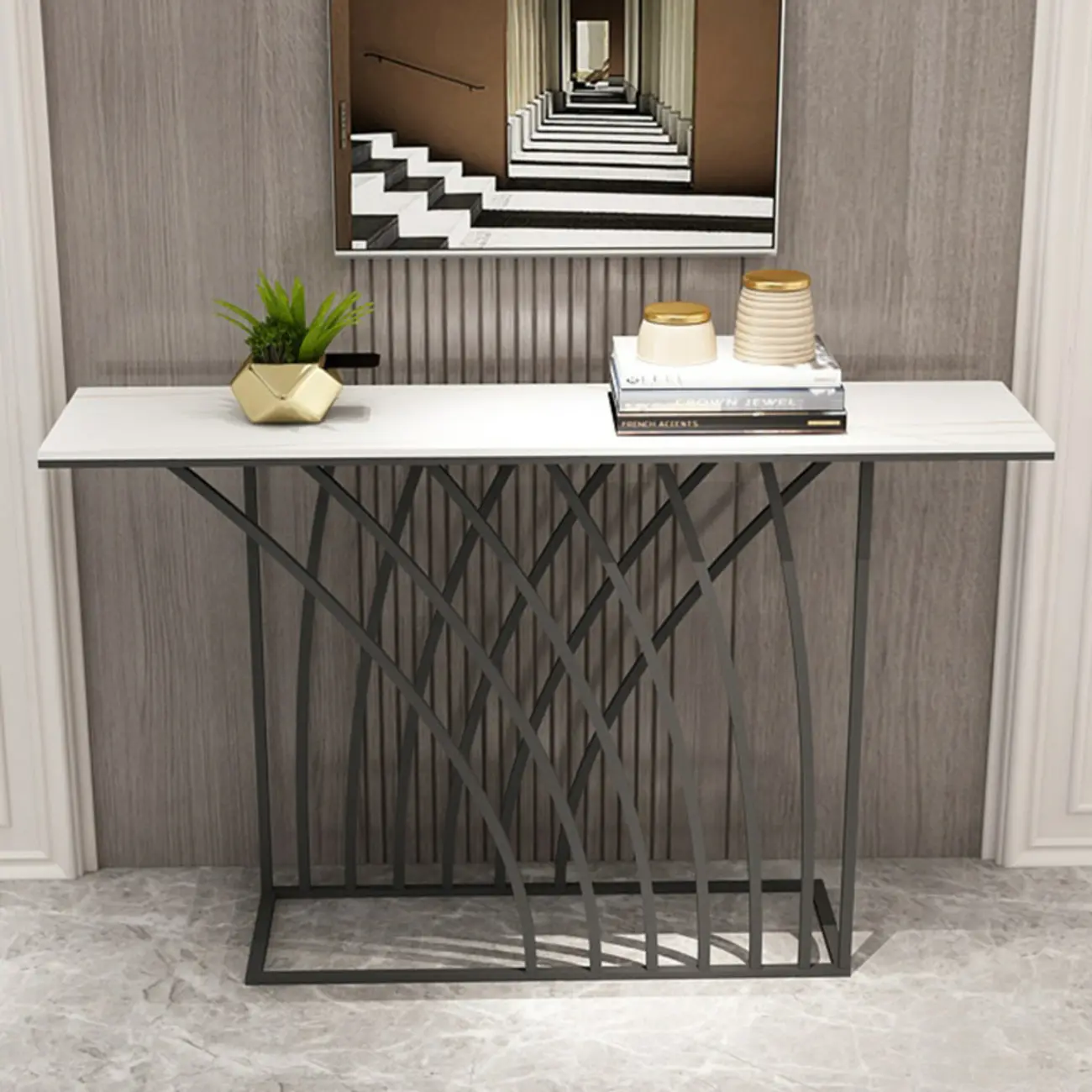 Glam Rectangular Console Table with Metal Net Base Image - 2 | homeyfad