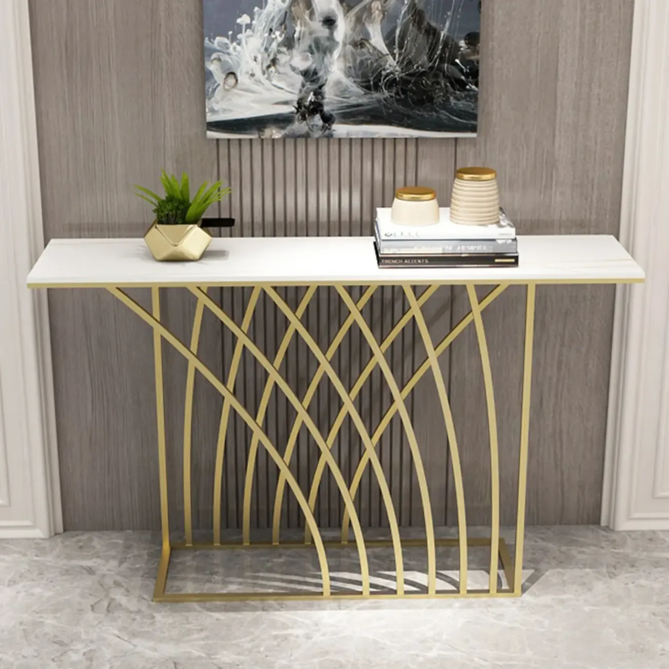 Glam Rectangular Console Table with Metal Net Base Image - 3