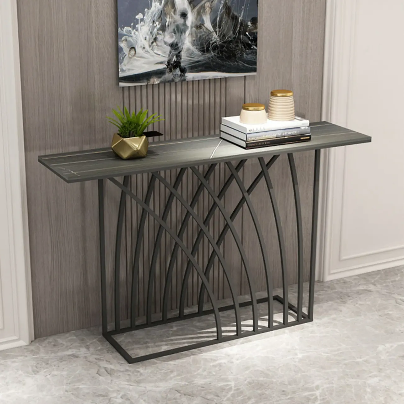 Glam Rectangular Console Table with Metal Net Base Image - 4 | homeyfad