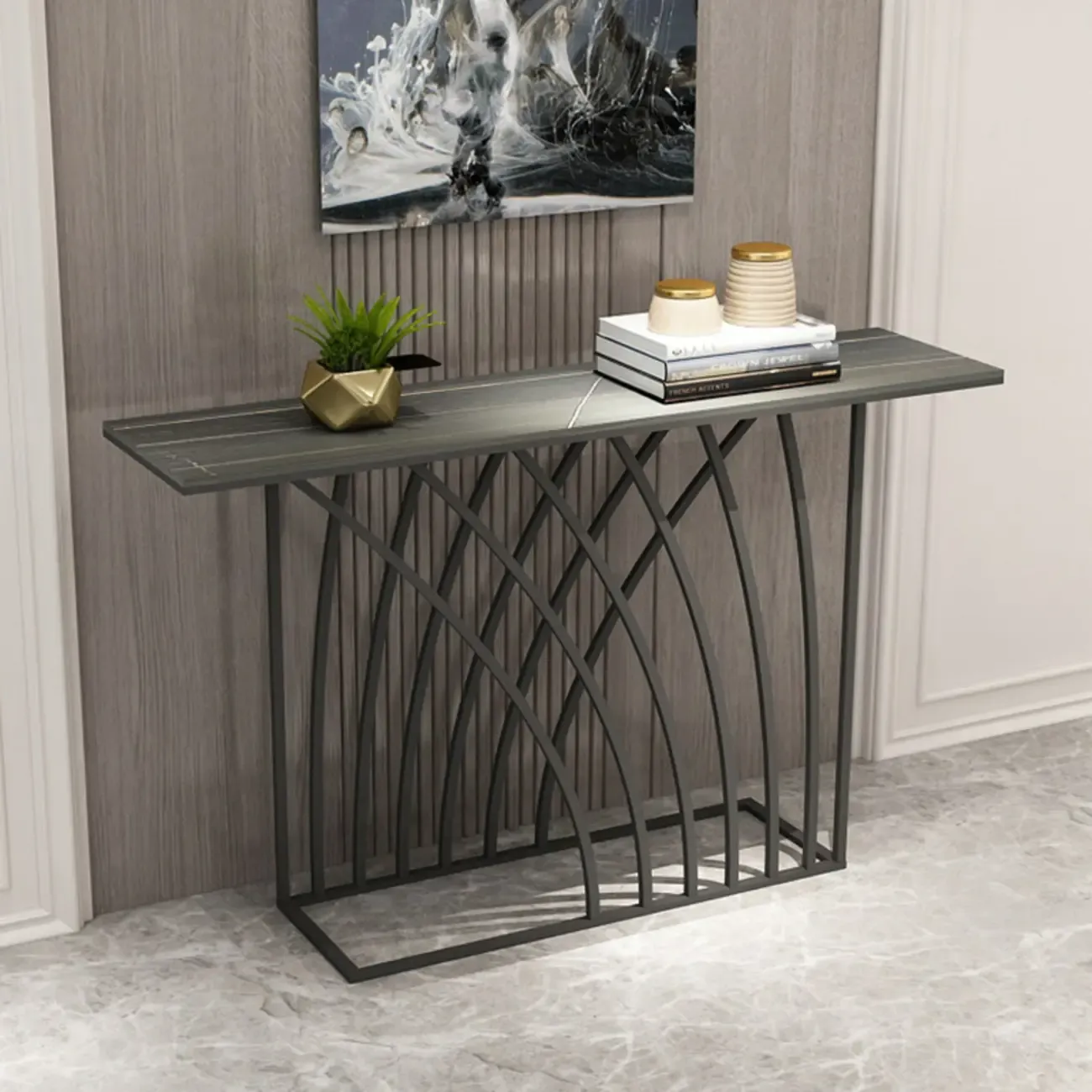 Glam Rectangular Console Table with Metal Net Base Image - 4