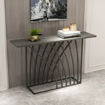 Glam Rectangular Console Table with Metal Net Base Image - 4