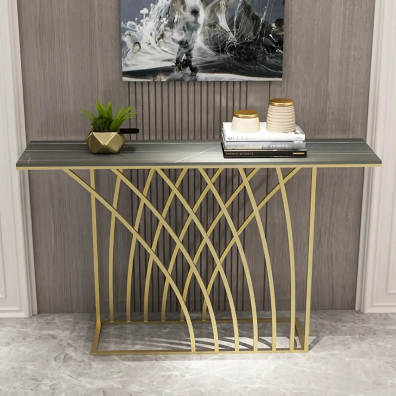 Glam Rectangular Console Table with Metal Net Base Image - 5