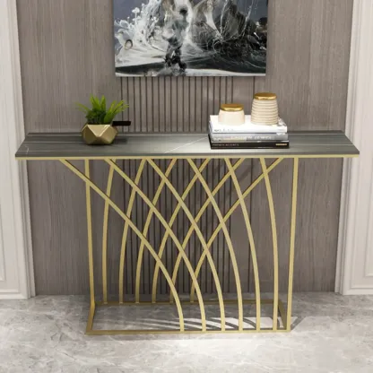 Glam Rectangular Console Table with Metal Net Base Image - 5