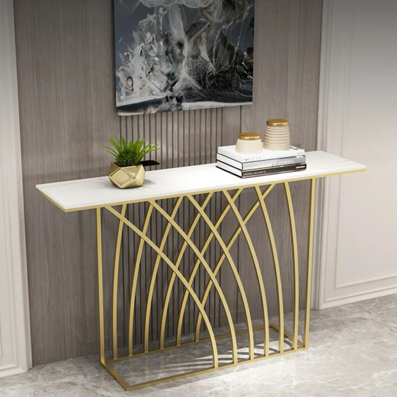 Glam Rectangular Console Table with Metal Net Base Image - 6 | homeyfad