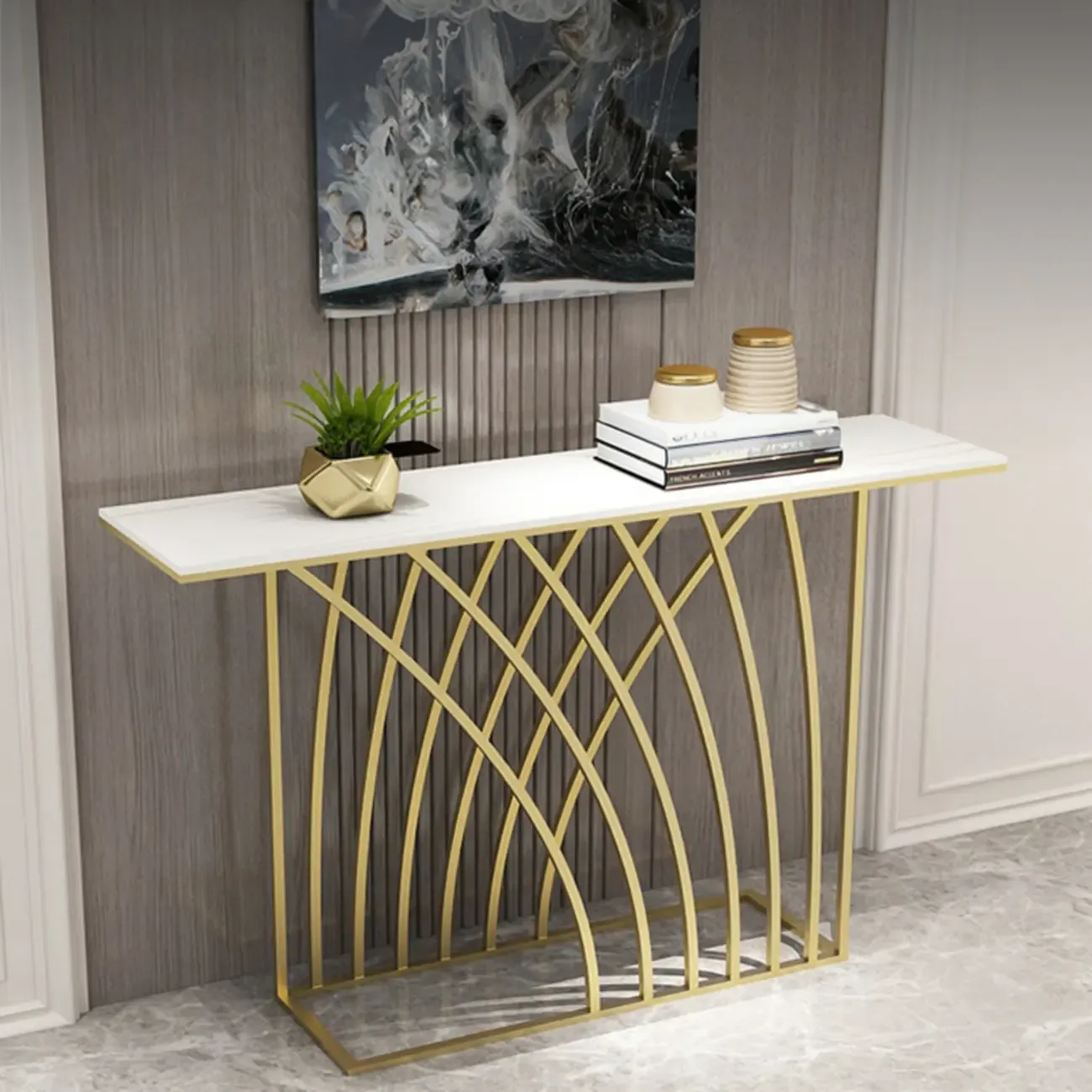 Glam Rectangular Console Table with Metal Net Base Image - 6