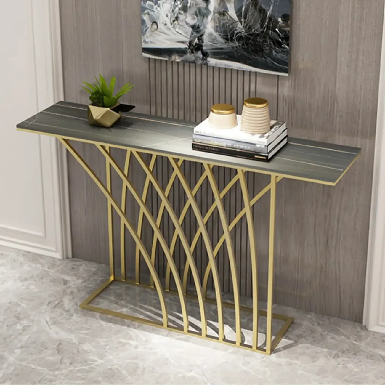 Glam Rectangular Console Table with Metal Net Base Image - 8