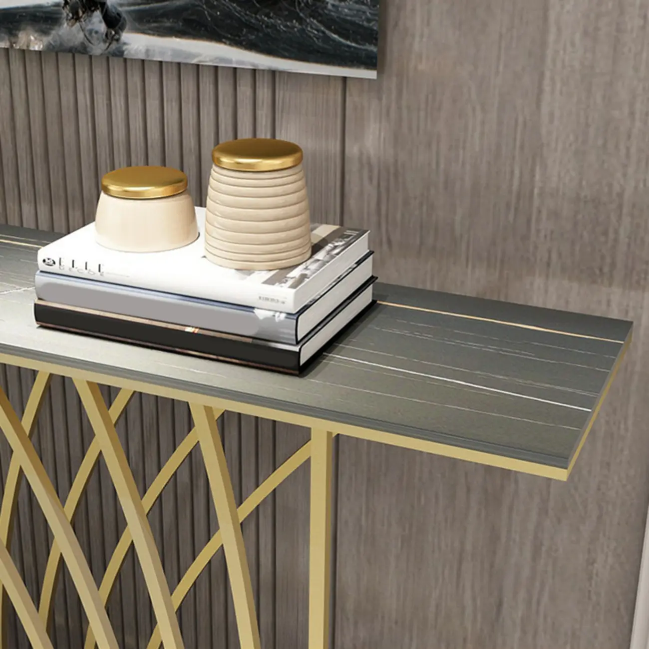 Glam Rectangular Console Table with Metal Net Base Image - 10 | homeyfad