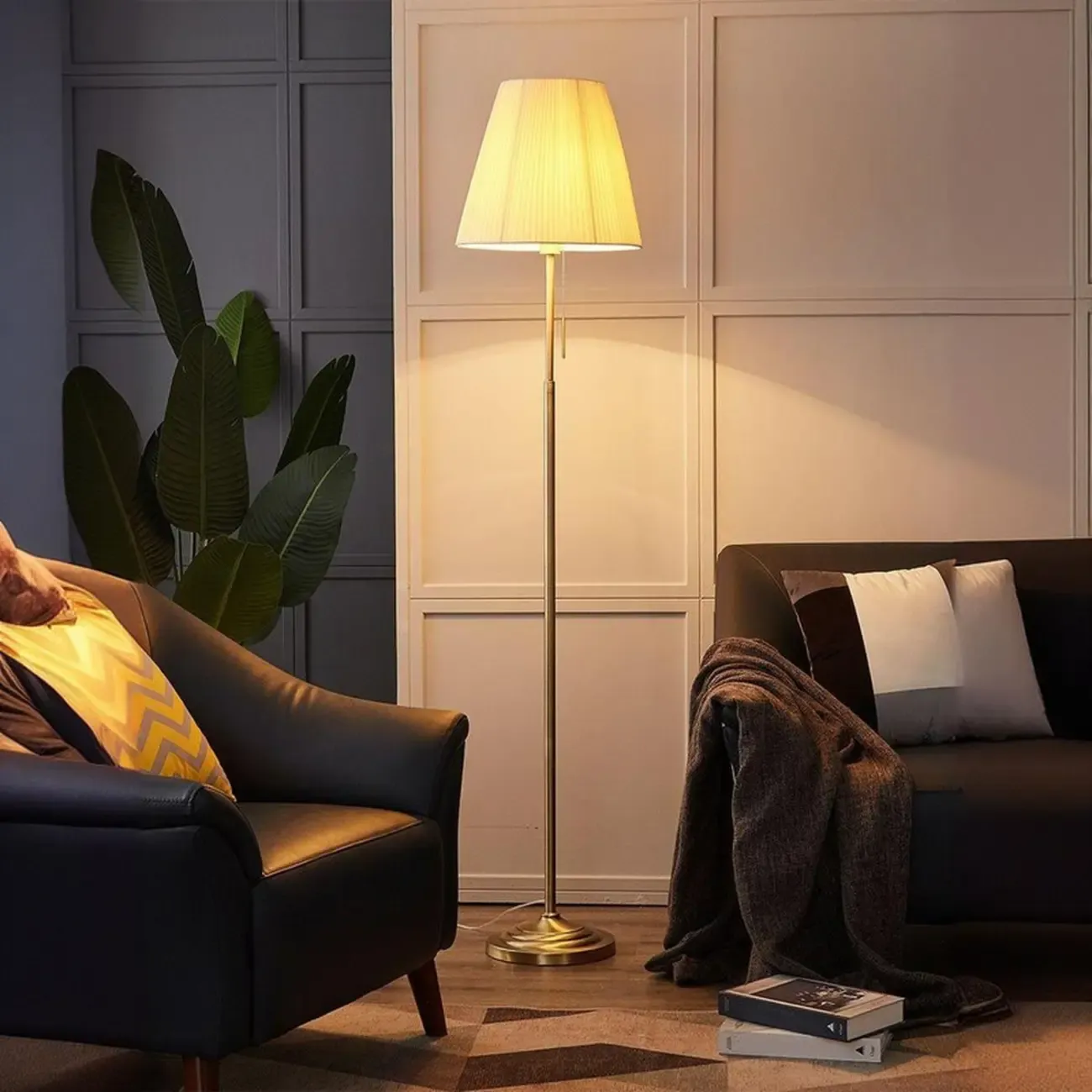 Modern Floor Lamp with Beige Fabric Lamp Shade for Living Room Image - 1