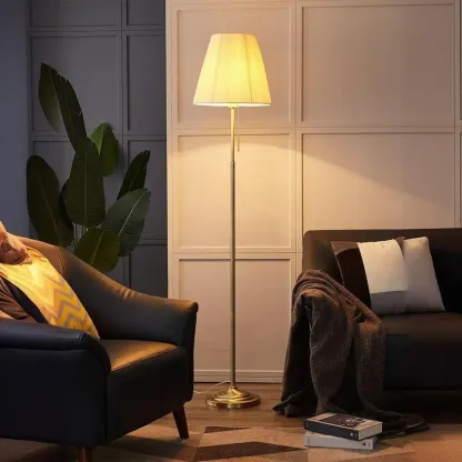 Modern Floor Lamp with Beige Fabric Lamp Shade for Living Room Image - 1