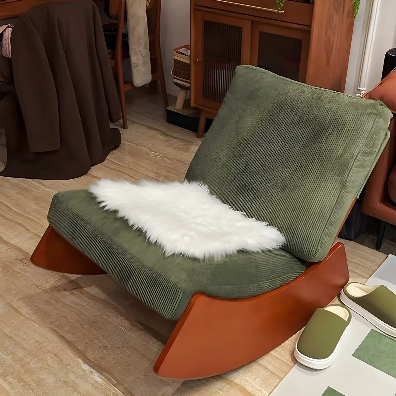 Vintage Wooden Rocking Chair with Cotton Upholstery Image - 2 | homeyfad
