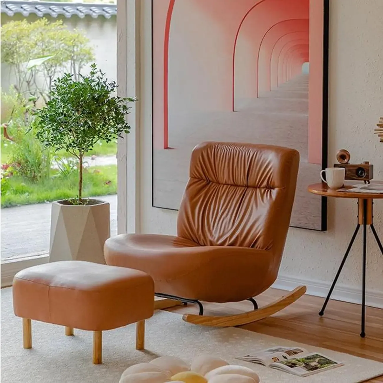 Faux Leather Upholstered Rocking Chair with Optional Ottoman Image - 1