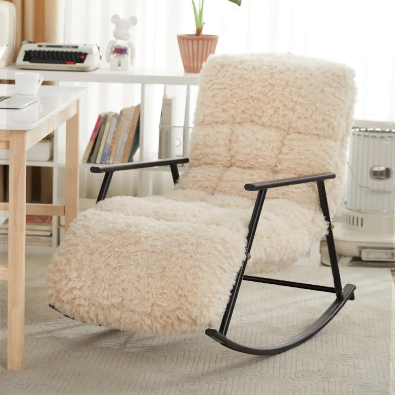 Modern Cotton Upholstered Metal Rocking Chair in White Image - 2 | homeyfad