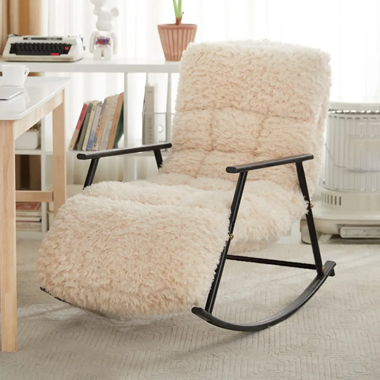 Modern Cotton Upholstered Metal Rocking Chair in White Image - 3