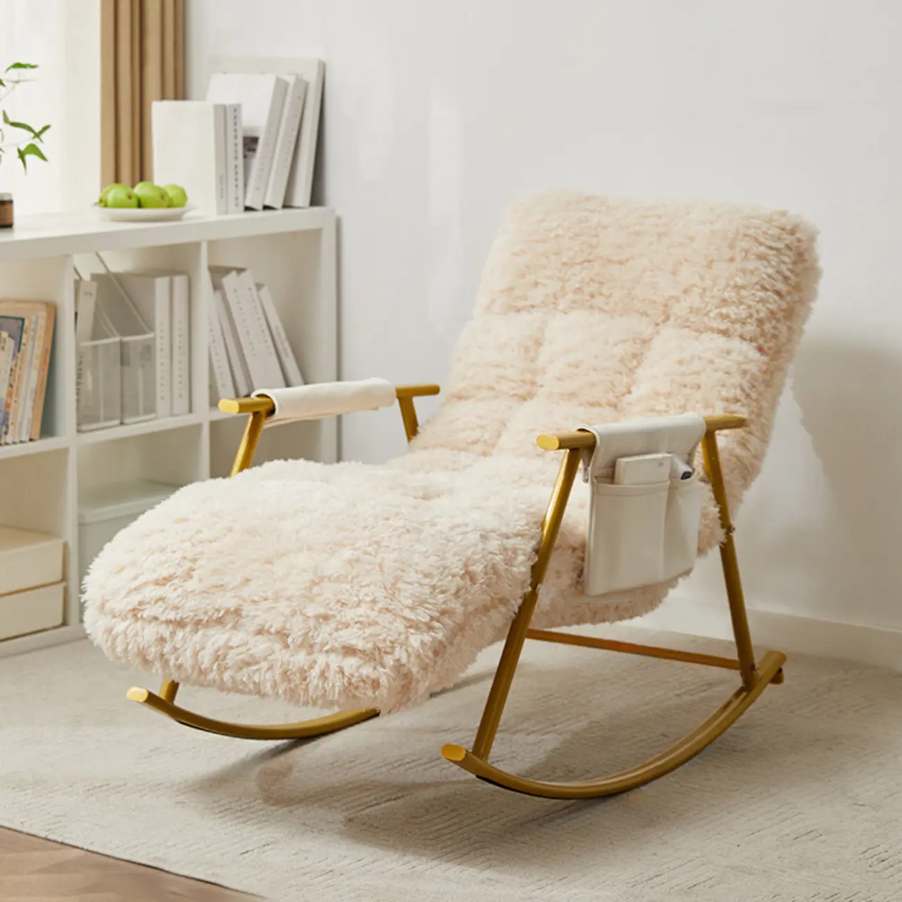 Modern Cotton Upholstered Metal Rocking Chair in White Image - 4 | homeyfad