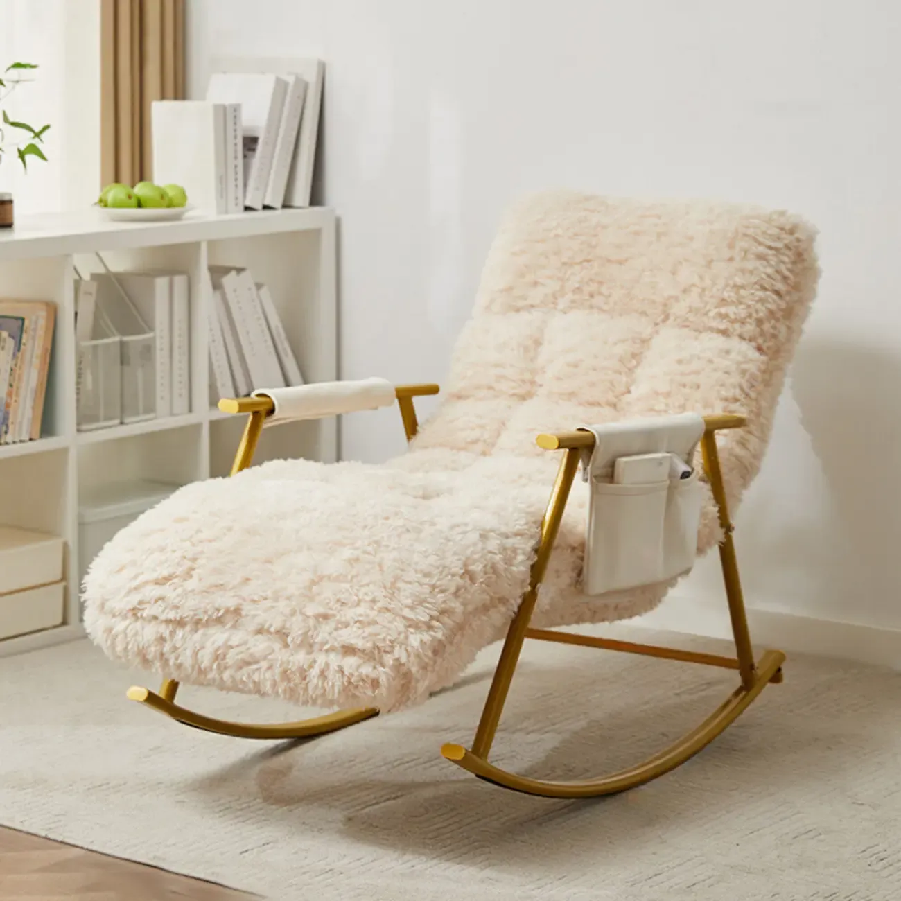 Modern Cotton Upholstered Metal Rocking Chair in White - HomeyFad