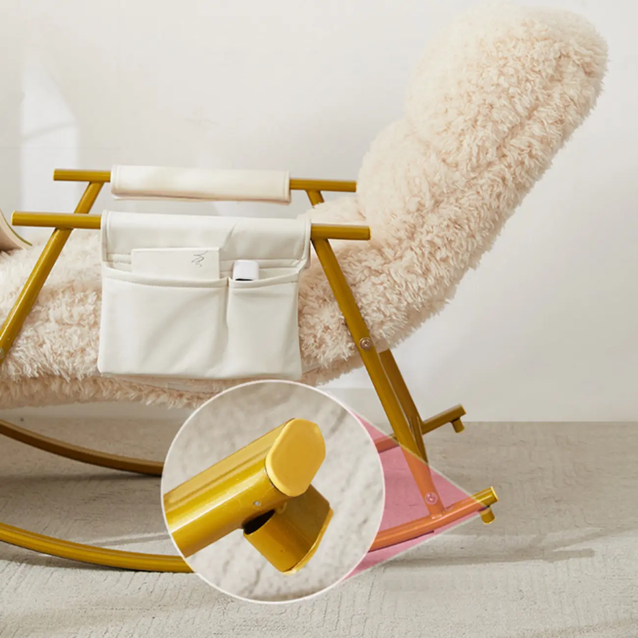 Modern Cotton Upholstered Metal Rocking Chair in White Image - 8 | homeyfad