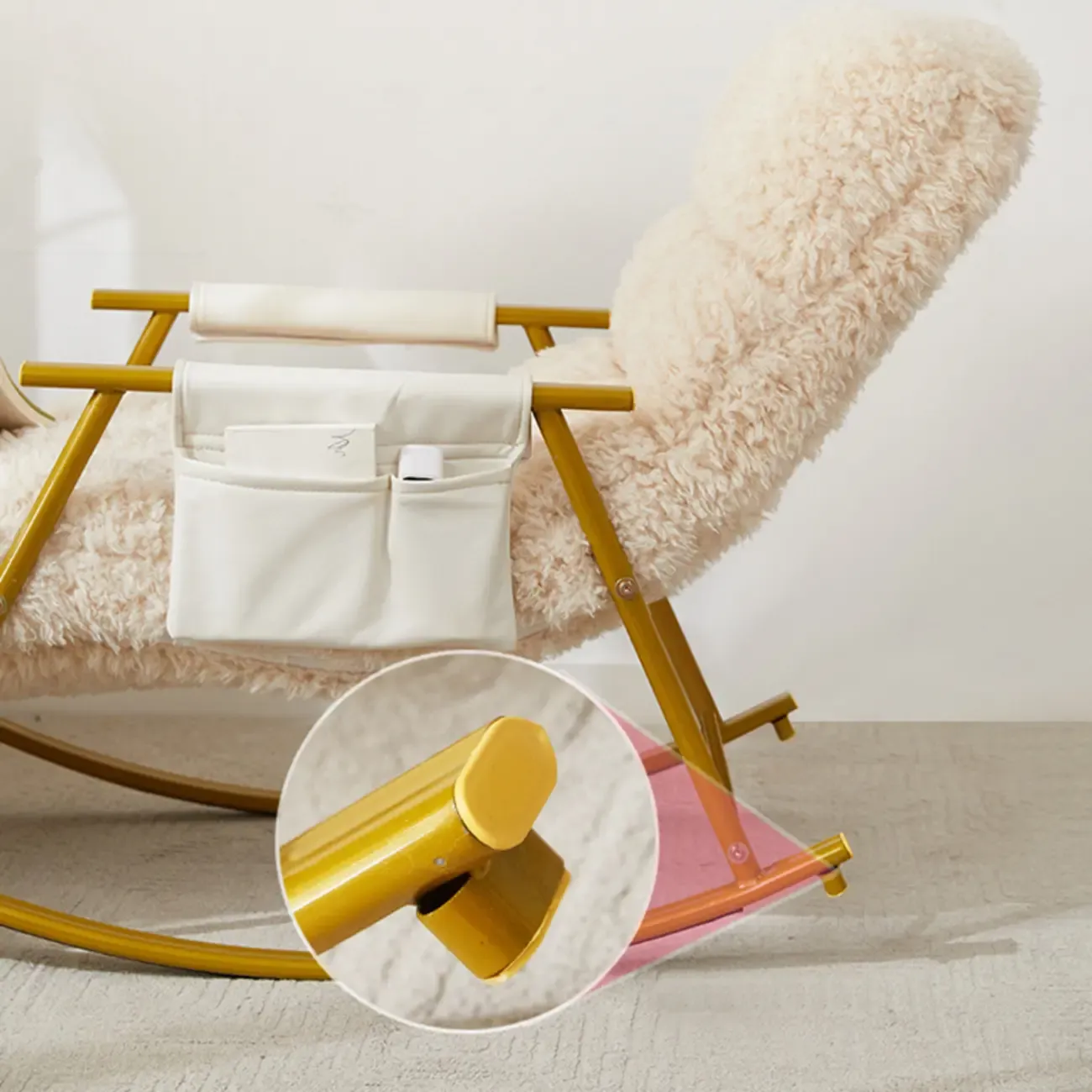 Modern Cotton Upholstered Metal Rocking Chair in White Image - 8