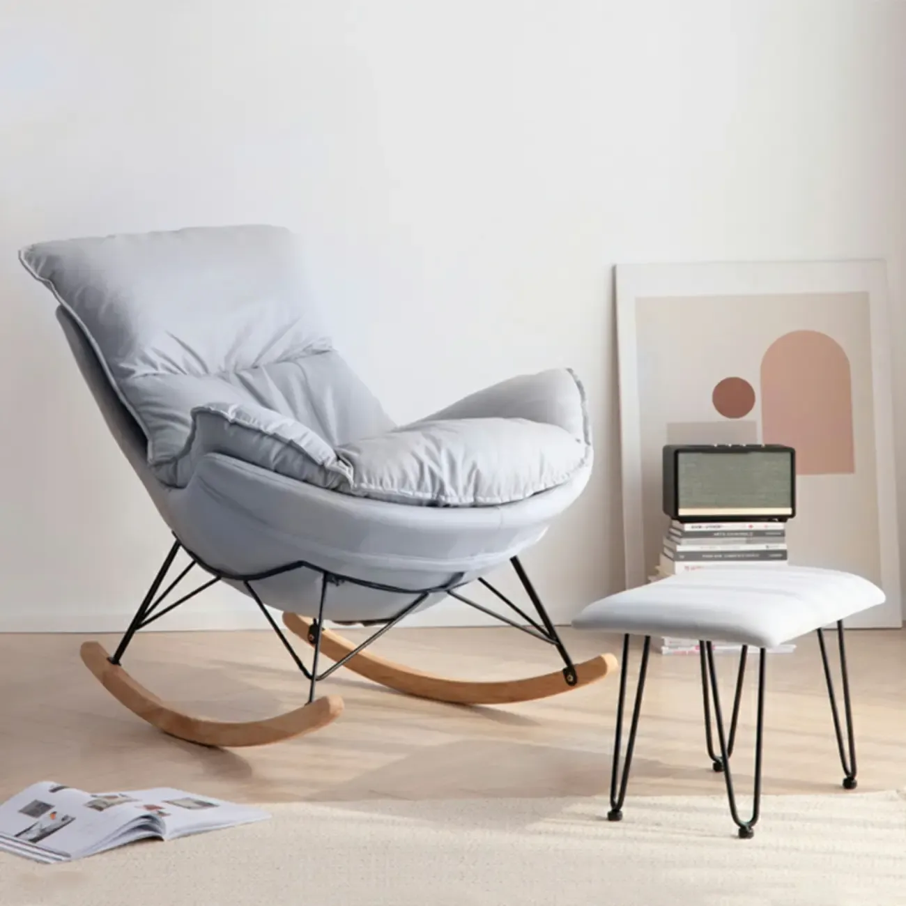 Mid Century Modern Upholstered Rocking Chair with Ottoman Image - 1