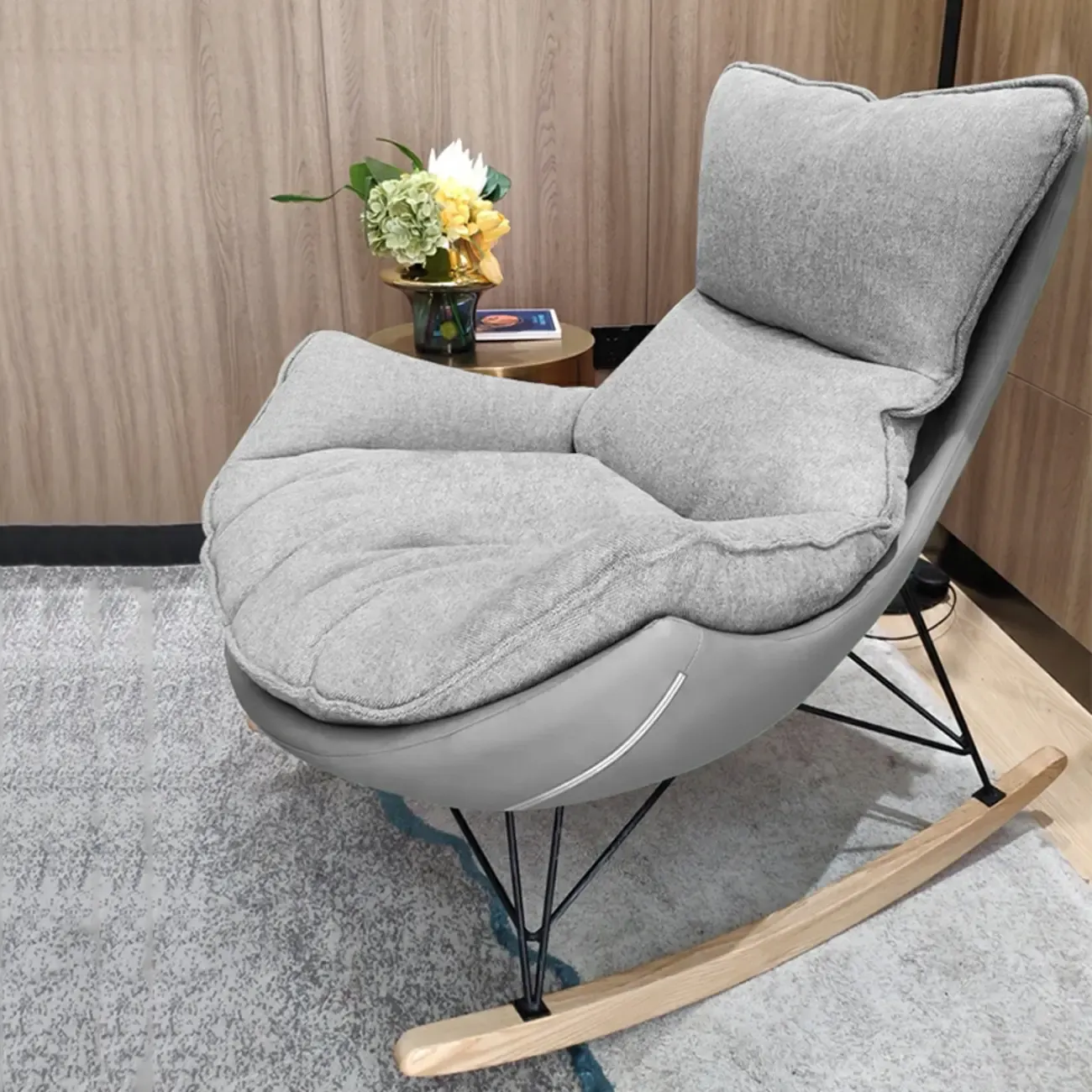 Mid Century Modern Upholstered Rocking Chair with Ottoman Image - 2