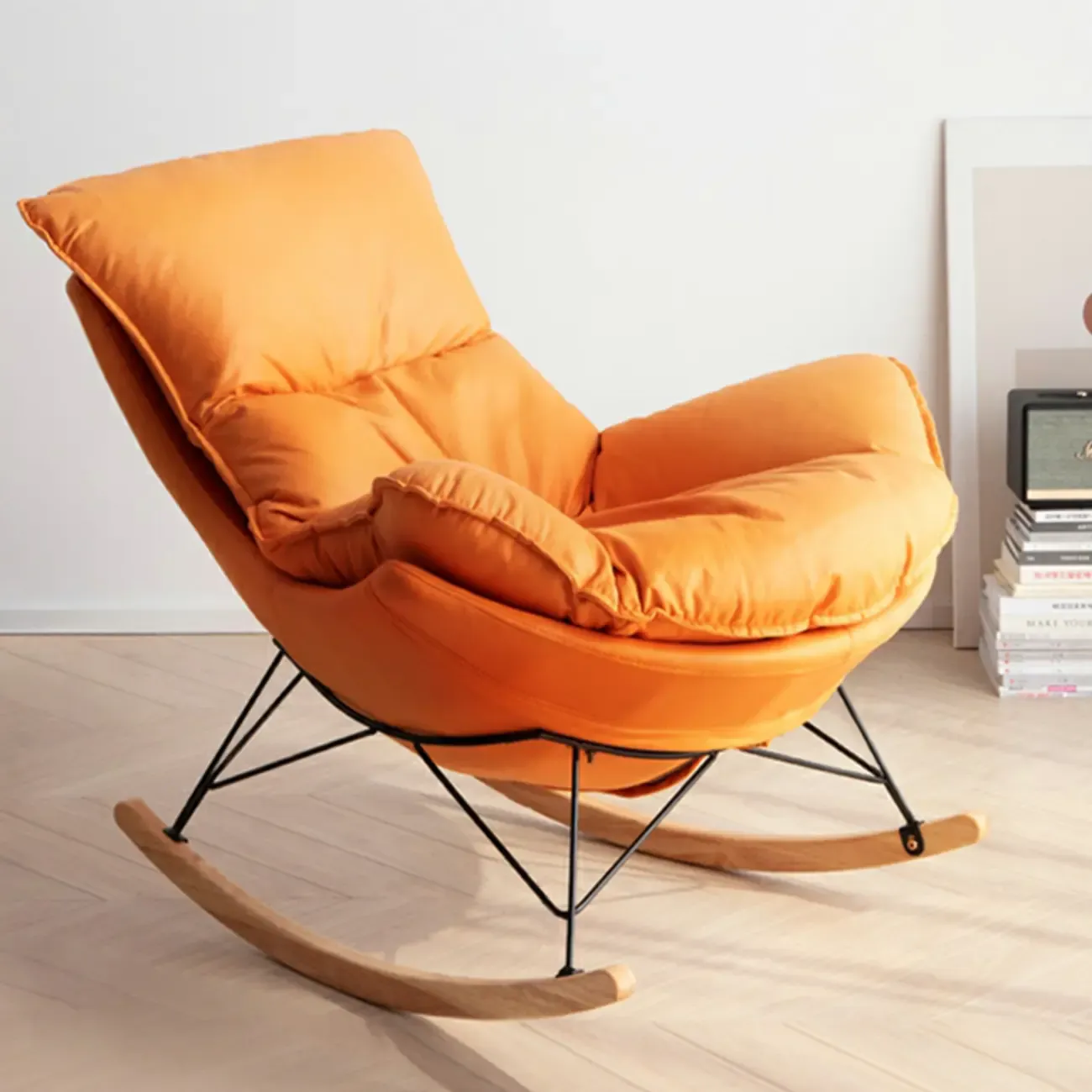 Mid Century Modern Upholstered Rocking Chair with Ottoman Image - 3