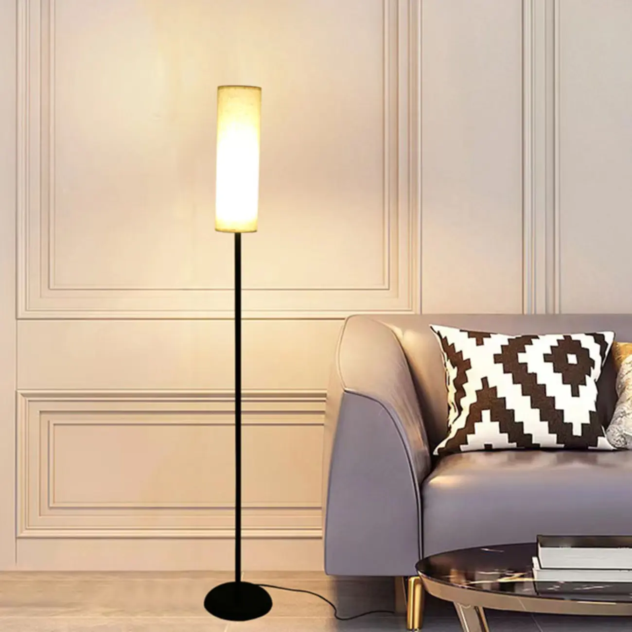 Modern Floor Lamp with Geometric Fabric Shade for Bedroom Image - 1 | homeyfad