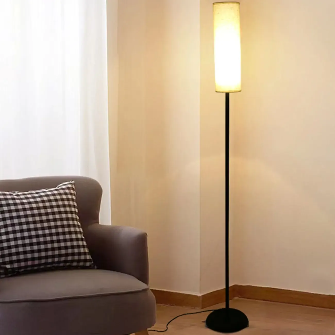 Modern Floor Lamp with Geometric Fabric Shade for Bedroom Image - 2