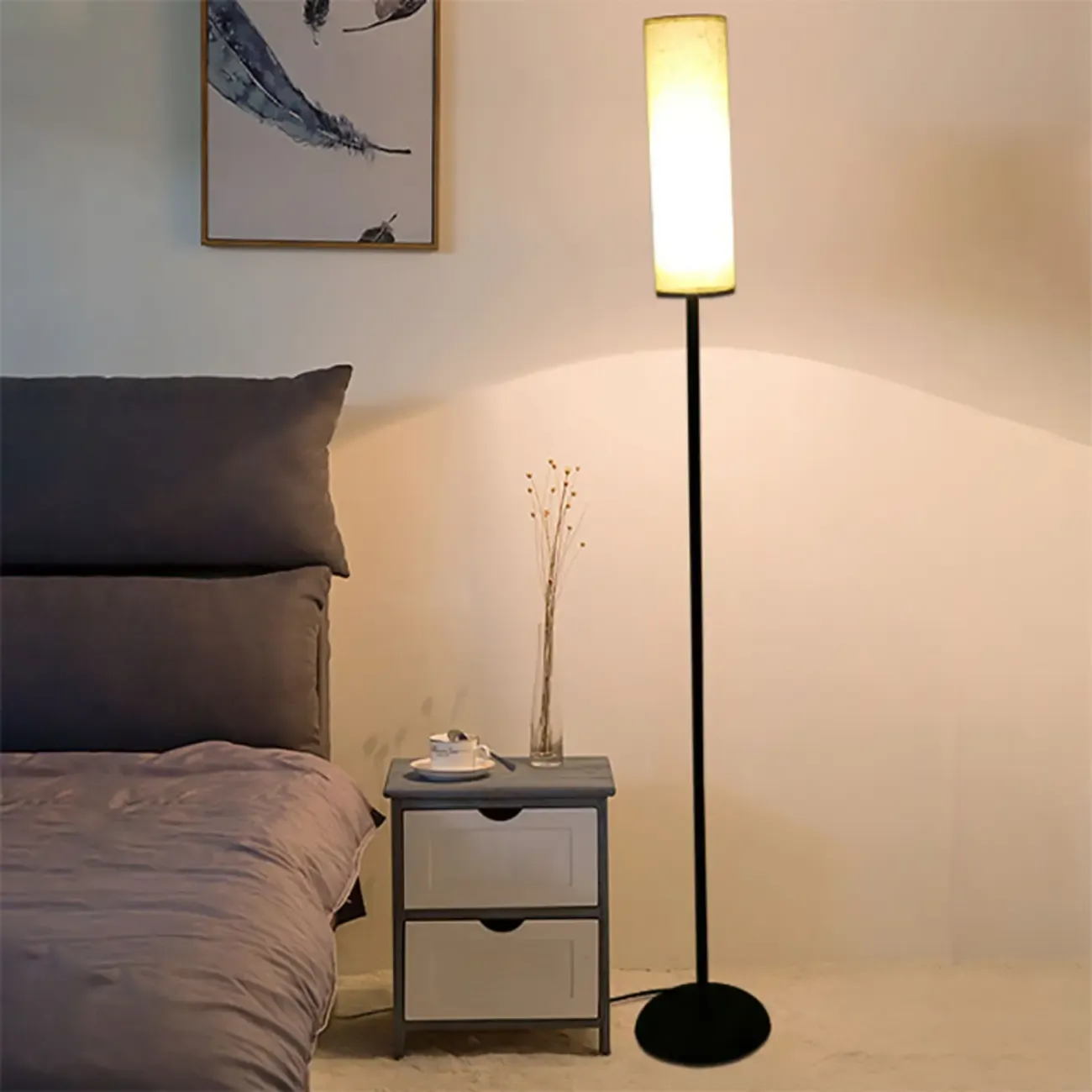 Modern Floor Lamp with Geometric Fabric Shade for Bedroom Image - 3
