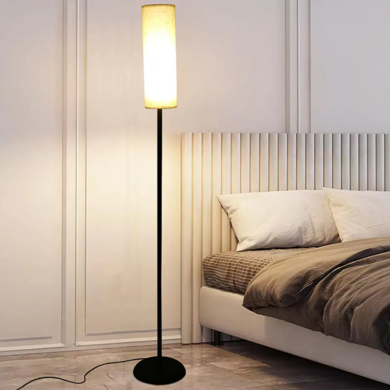 Modern Floor Lamp with Geometric Fabric Shade for Bedroom Image - 4 | homeyfad