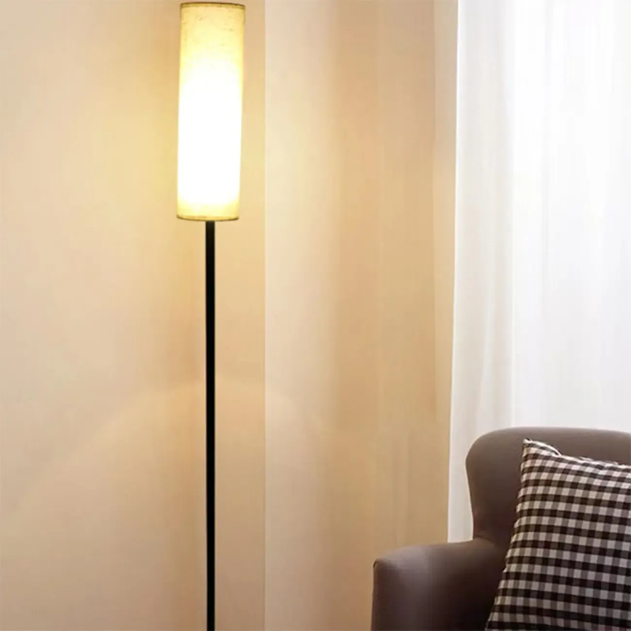 Modern Floor Lamp with Geometric Fabric Shade for Bedroom Image - 14